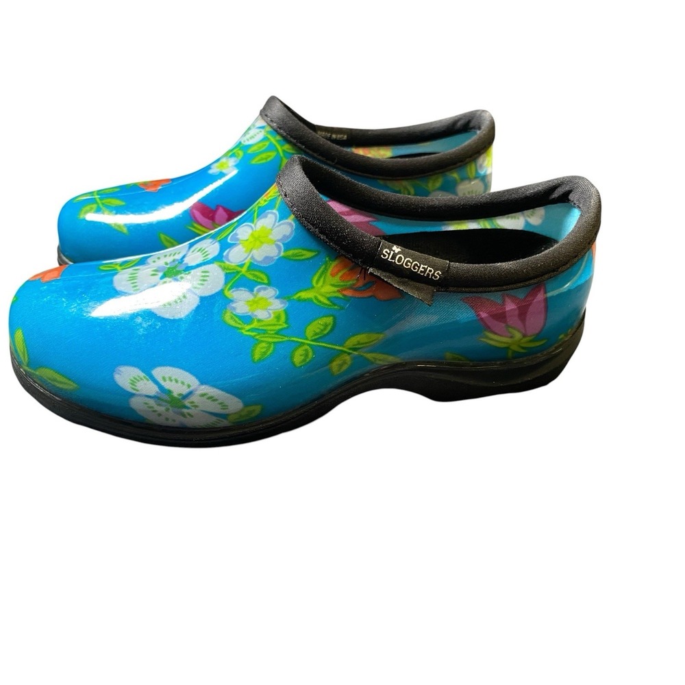 Sloggers Womens 6 Garden Shoes Clogs Floral Fun Blue Waterproof Rain Slip On USA